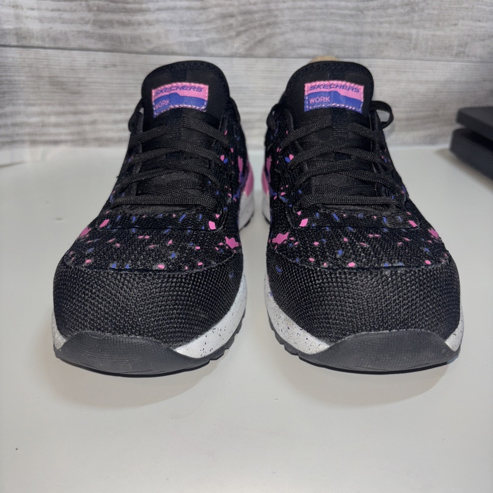 Women 7.5 Skechers Comp Toe Black‎ Purple Splatter Paint Work Shoe Memory Foam - Picture 3 of 10